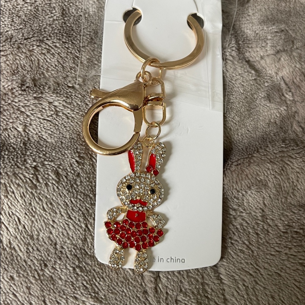 Mint Gold and Red Sparkling Bunny Keychain purse bag charm rhinestones gold nwt